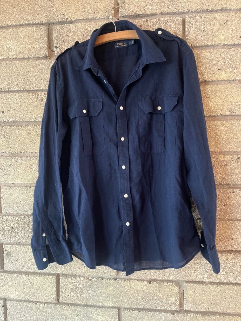 Polo Ralph Lauren Navy Button-Up Shirt Large Cotton Ramie Casual